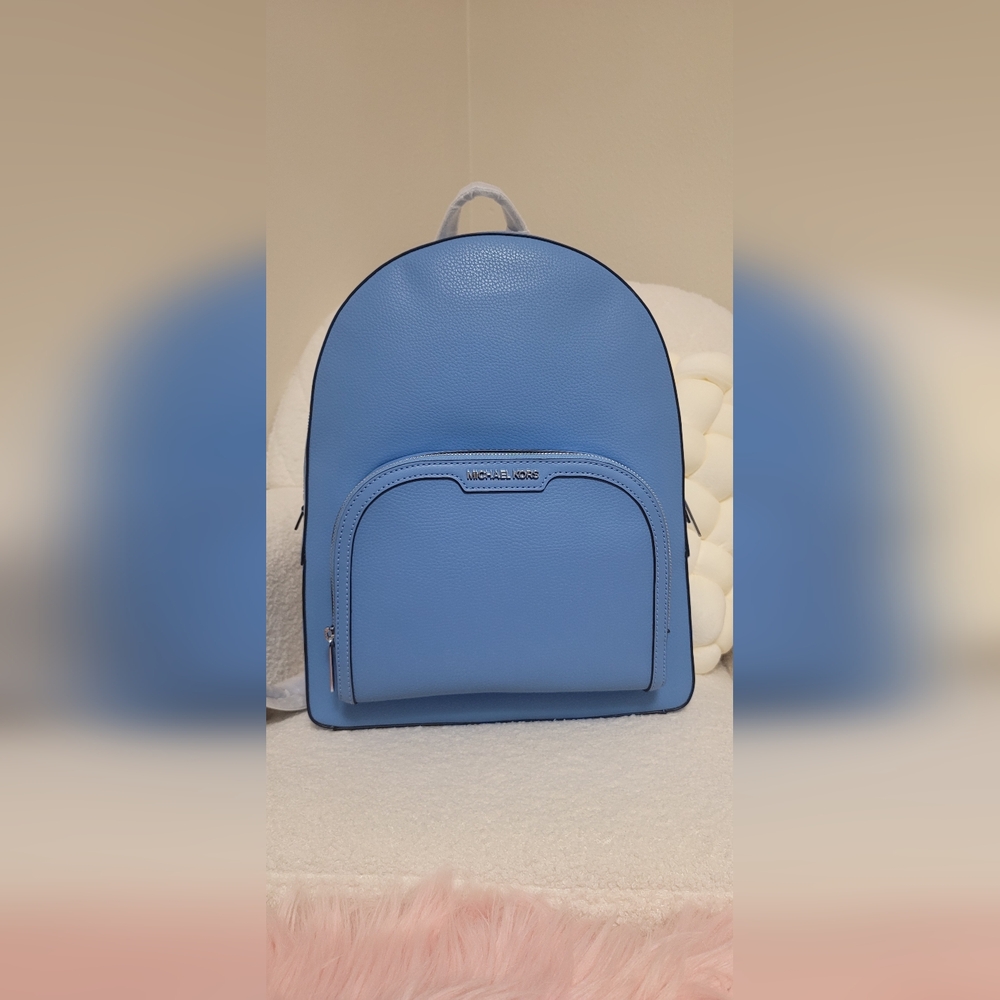 Michael Kors Lady Jaycee Large Leather Zip Pocket Travel School Backpack Blue MK